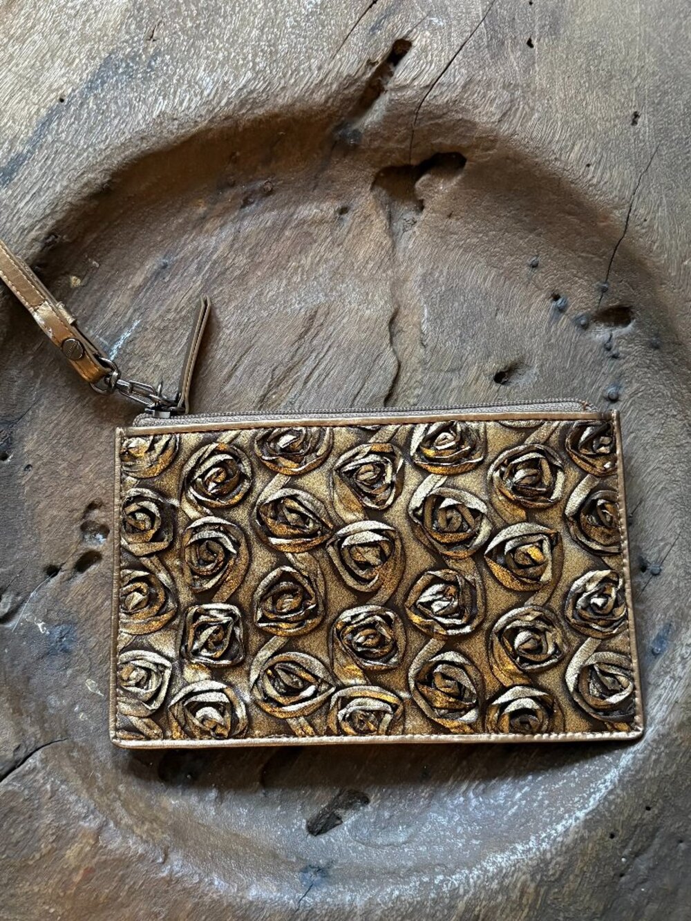 Lodis gold/bronze rose textured leather wristlet clutch card case/mirror 8 x 5"